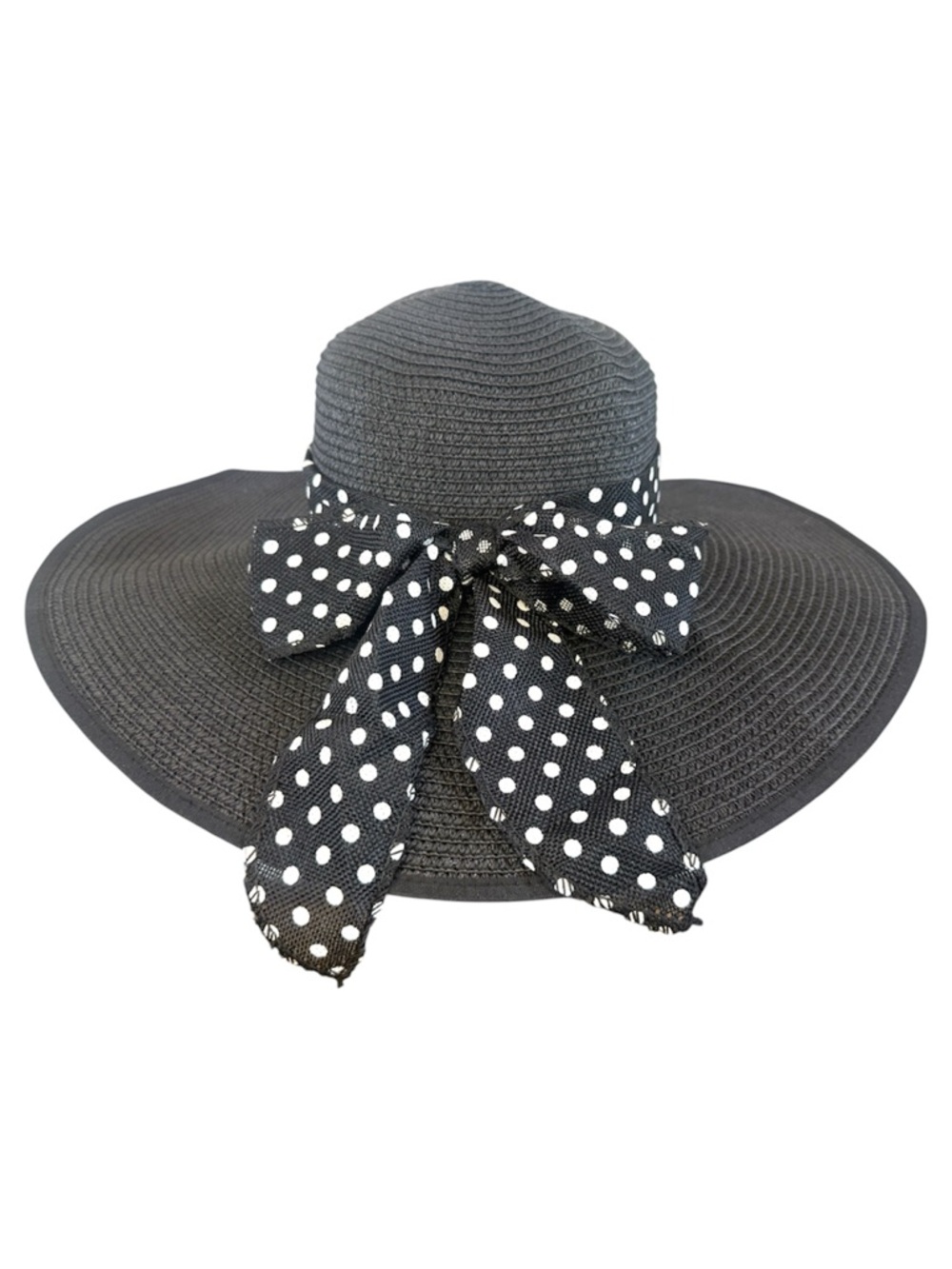 Black Wide-Brim Straw Sun Hat with Polka Dot Ribbon
